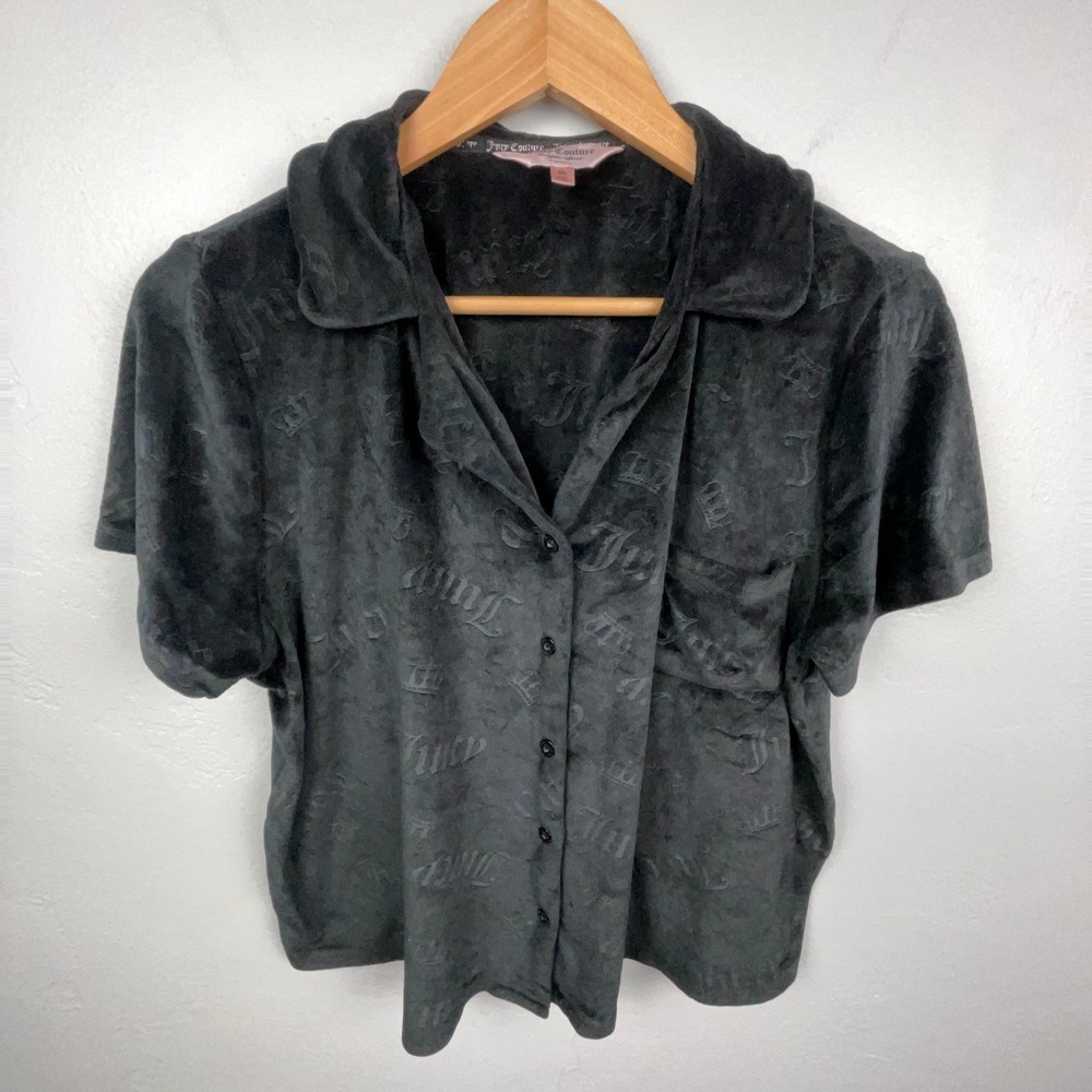 Juicy Couture Velour Sleepwear Top XL Black Velvet Spellout Short Sleeve Y2K